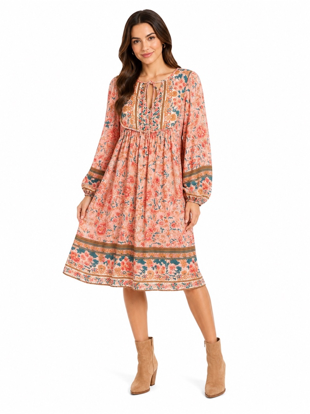 Bohemian Pink Floral Boho Peasant Dress Large Cottagecore Babydoll prairie Dress